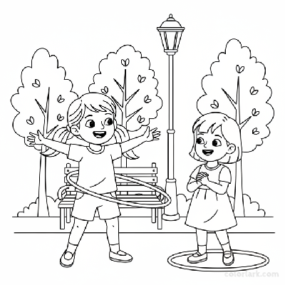 Line art of two girls sharing hula hoop fun in a neighborhood park