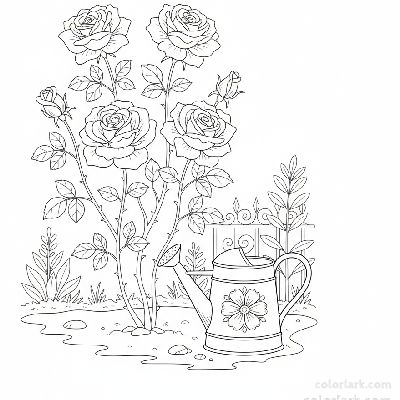 Black and white line art of a blooming rose plant with a classic watering can in a garden scene