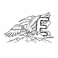 Black and white line art of a soaring eagle with the letter E in a mountain scene.