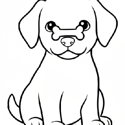 Black and white line art of a patient puppy sitting, balancing a small bone-shaped treat on its nose, easy.