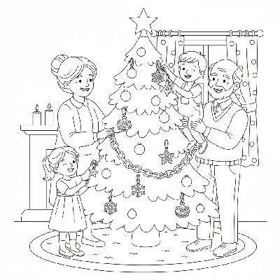 Line art of grandparents and grandkids hanging handmade ornaments on a Christmas tree.