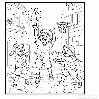 Line art of happy Indian children playing street basketball with an old ball, cheered by friends.