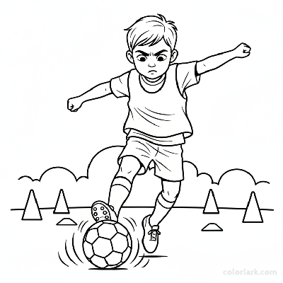 Line art of a child making an intense kick during football practice.