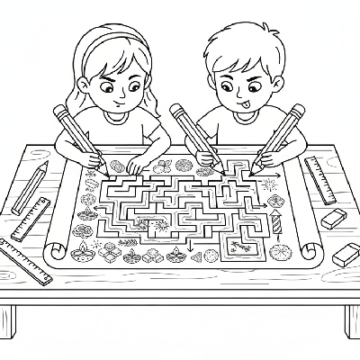 Children intently drawing a Diwali-themed maze or puzzle game on paper for friends, focused and creative, line art