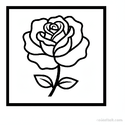 Simple rose in a square frame coloring page for beginners, black and white line art, easy framed flower.