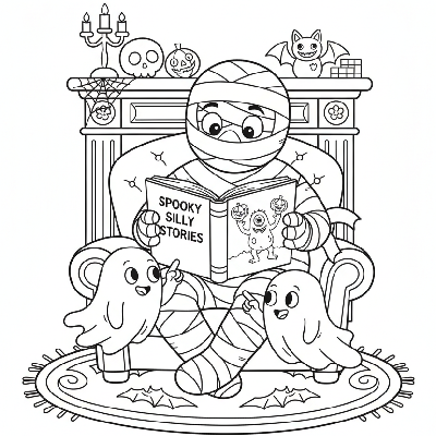 Black and white line art of a friendly mummy reading a spooky but silly storybook to little ghosts, Halloween coloring page.
