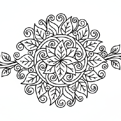 Black and white line art of a leafy vine pattern Rakhi with delicate leaves and tendrils, suitable for botanical art coloring.