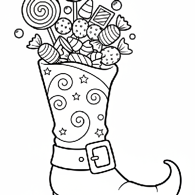 Black and white line art of a charming witch's boot overflowing with Halloween candy and treats, coloring page.