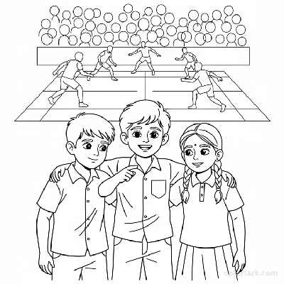 Line art of Indian children with arms around each other, watching a Kabaddi National League match.