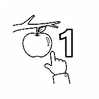 Black and white line art coloring page showing one apple on a tree branch, with the number 1.