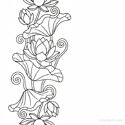 Black and white line art of a vertical cascade of blooming lotus flowers and leaves.