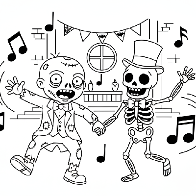Black and white line art of a silly zombie dancing with a friendly skeleton at a costume ball, Halloween coloring page.