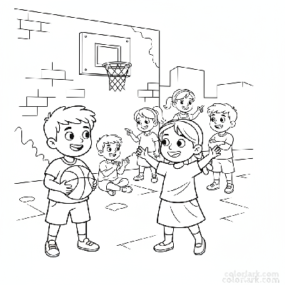 Line art of Indian children having beginner street basketball fun with friends cheering.