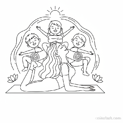 Line art of children learning Fish Pose for chest opening with a yoga instructor.