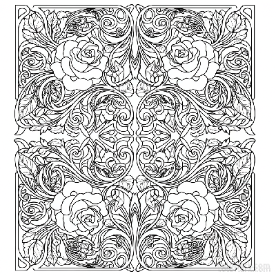 Black and white line art of an Art Nouveau inspired pattern with flowing, stylized roses and foliage