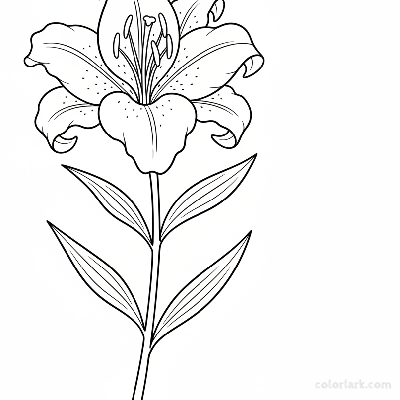 Black and white line art of a single, elegant lily flower with prominent stamens on a tall stem with elongated leaves.