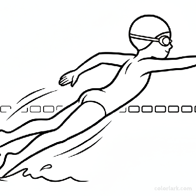 Black and white line art of a streamlined child doing freestyle kicks in a pool, wearing a swim cap and goggles.