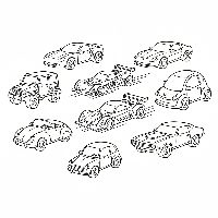 A black-and-white line art illustration depicting eight fast blue cars, used for teaching the number 8 to children.