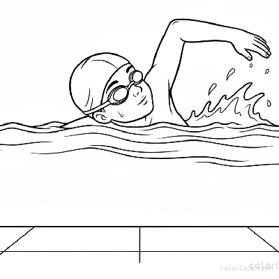 Black and white line art of a focused child swimmer breathing sideways during freestyle in a pool, wearing a swim cap and goggles.