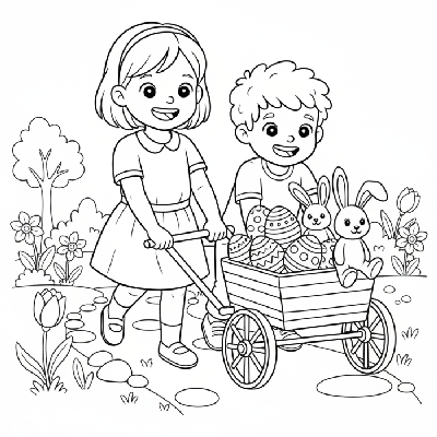 Black and white line art of two happy children pulling a wagon overflowing with decorated Easter eggs and plush bunnies.