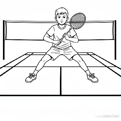 Black and white line art of a child performing a badminton split step for anticipation.