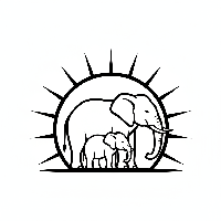 Mother and baby elephant silhouettes against rising sun coloring page