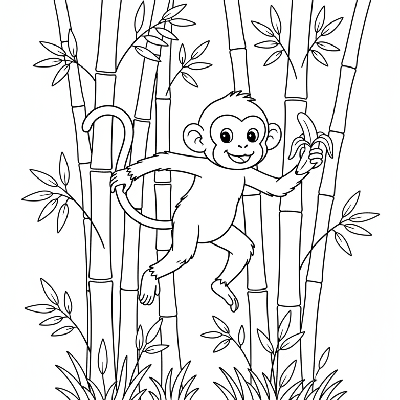 Black and white line art of a monkey gracefully leaping between tall bamboo stalks, holding a banana.