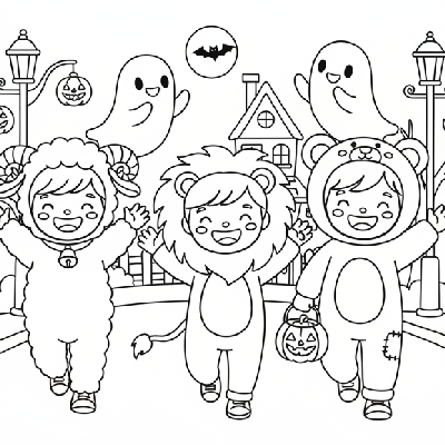 Black and white line art of playful children in animal costumes having a Halloween parade, kids coloring page.