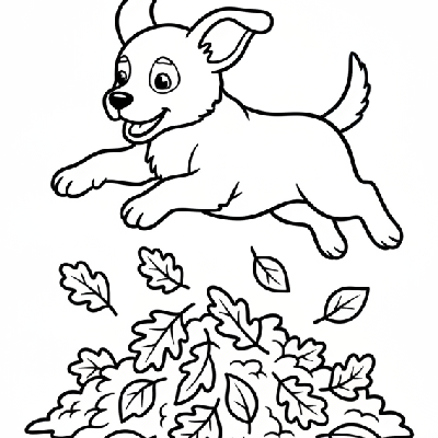 Black and white line art of an energetic puppy leaping into a small pile of simple autumn leaves, easy.