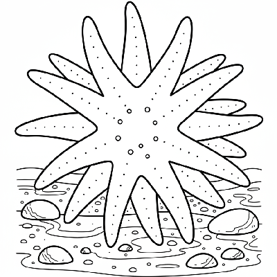 Black and white line art of a highly detailed, multi-armed sunflower starfish resting on a rocky seabed.