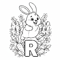 Black and white line art of a fluffy rabbit hopping around the letter R in a garden.