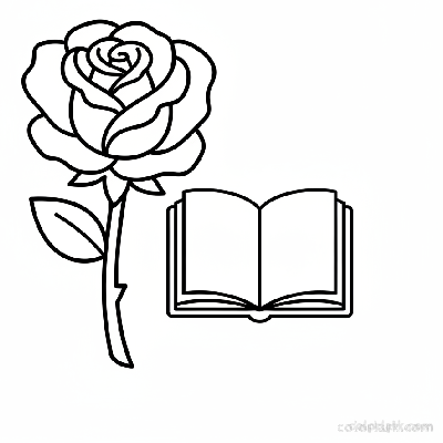 Simple rose and a book outline coloring page for readers, black and white line art, easy flower and reading material.