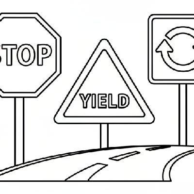 Black and white line art of road safety signs, including a stop sign, yield sign, and direction sign, all composed of circles, squares, and triangles for shape recognition.