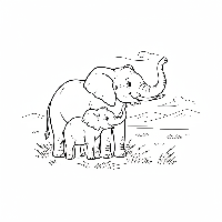 Mother and baby elephants coloring page, open plain, cool breeze.