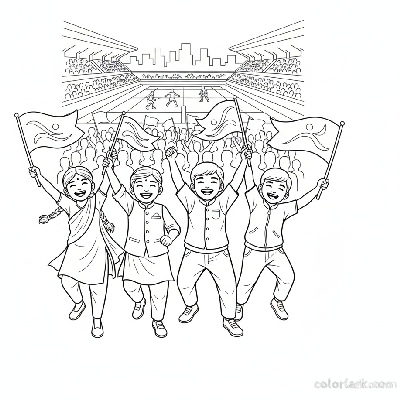 Line art of excited Indian children waving small flags while watching Kabaddi National Games.
