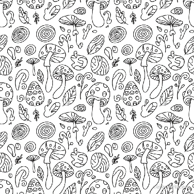 Black and white line art of a repeatable seamless pattern featuring various stylized mushrooms, for coloring.