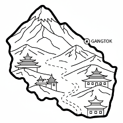 Line art coloring map of Sikkim state, featuring Mount Kanchenjunga, Buddhist monasteries, and Gangtok.