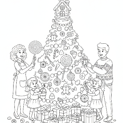 Line art of a family decorating a vibrant 'Candy Land' themed Christmas tree with sweet ornaments.