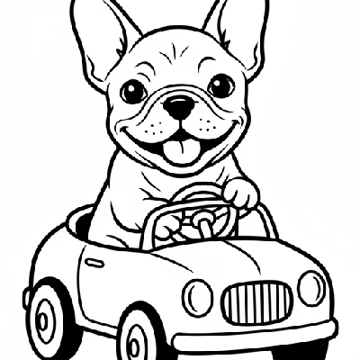 Black and white line art of a French Bulldog puppy sitting in a simple toy car, looking happy.