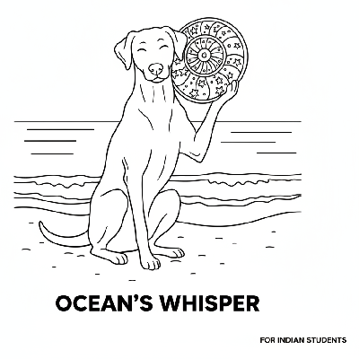 Black and white line art of a peaceful dog sitting on a beach, holding a large seashell to its ear, for Indian students.