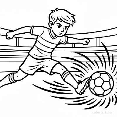 Line art of a young soccer star unleashing a full power kick.