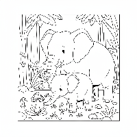 Curious baby elephant sniffing mushroom, mother watching, free printable coloring page.