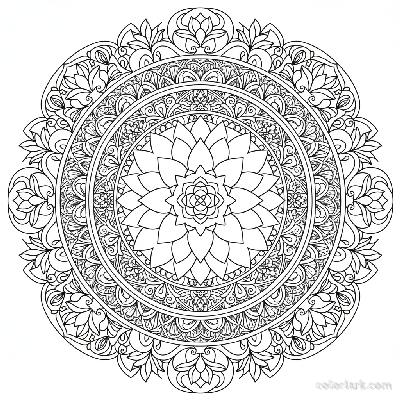 Black and white line art outline of an advanced, complex lotus mandala.