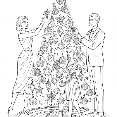 Line art of a family decorating a Christmas tree with elegant gold and silver ornaments.