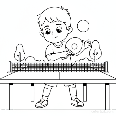 Line art of a little boy attempting his first backhand shot in table tennis.