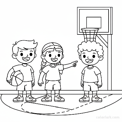 Simple line art of an Indian street basketball team of children, with a friend cheering.