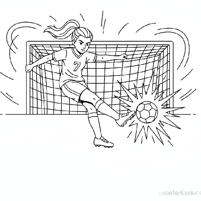 Line art of a girl footballer delivering a mighty goal kick.