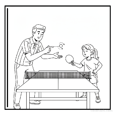 Black and white line art of a coach explaining spin serve contact point to a young girl at a table tennis table.