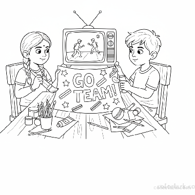 Black and white line art of Indian children crafting a team banner while simultaneously watching a cricket match on television.