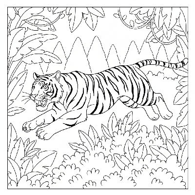 Black and white line art of a powerful Bengal tiger leaping over a small bush in an Indian jungle